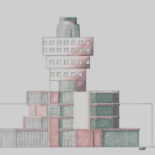 Reproduktives Entwerfen - Stuttgarter Lücken. Beispiel Haus der Musik Stuttgart, Referenz: Gottfried Böhm Museum für zeitgenössische Kunst, Stuttgart 1990 (nicht realisierter Wettbewerbeitrag). Bild: Lukas Gehles, HSRM Wiesbaden 2022. (Datei: DerRaumjounalist_2022_01_Reproduktives Entwerfen_Projekt_B_Gehles Lukas)