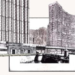 Reproduktives Entwerfen - Stuttgarter Lücken. Beispiel Mehringplatz in Berlin. Referenz: Hans Poelzigs Entwurf für ein Hochhaus am Bahnhof Friedrichstraße in Berlin 1921/22. Bild: Ole Burand, HSRM Wiesbaden, 2017. (Datei: DerRaumjounalist_2022_01_Reproduktives Entwerfen_Burandperspi)