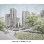 Reproduktives Entwerfen - Stuttgarter Lücken. Beispiel Stadttor am Wilhelmsplatz. Referenz:Hans Poelzigs Entwurf für ein Hochhaus am Bahnhof Friedrichstraße in Berlin 1921/22. Bild: Seda Ünal, HSRM Wiesbaden, 2022. (Datei: DerRaumjounalist_2022_01_Reproduktives Entwerfen_Stadttor am Wilhelmsplatz_Seda Ünal-006 - Kopie)